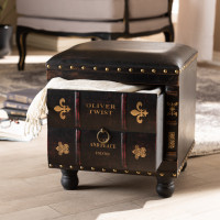 Baxton Studio HY2A487-Black-Otto Charlier Rustic Antique Inspired Dark Brown Faux Leather Upholstered Wood Storage Ottoman with Book Spine Drawer